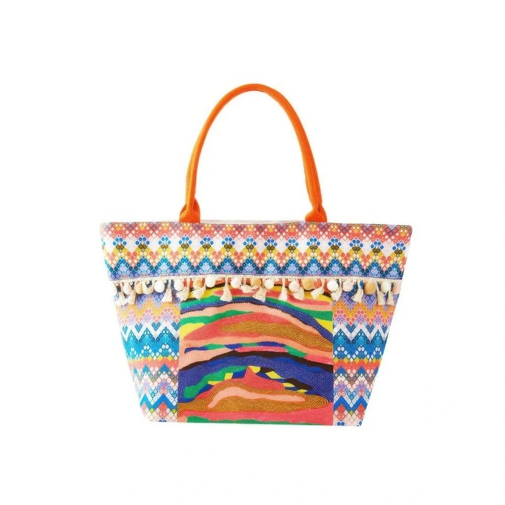 Tote Bag Women OS Multicolor New Beaded‎ Tassel Pom Pom Boho Beach Bag
